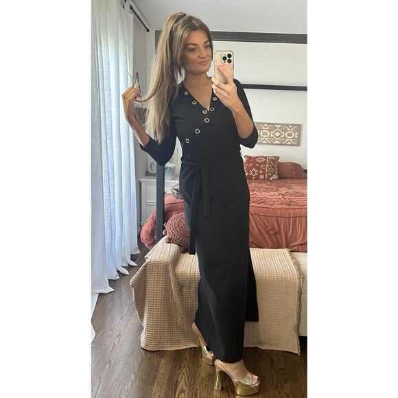 NWT Boston Proper Size Small Black 3/4 Sleeve Gold Grommet Maxi Dress - Picture 2 of 12